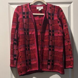 Vintage South Cotton Hand Knitted Vibrant Red & Pink Plaid Cardigan